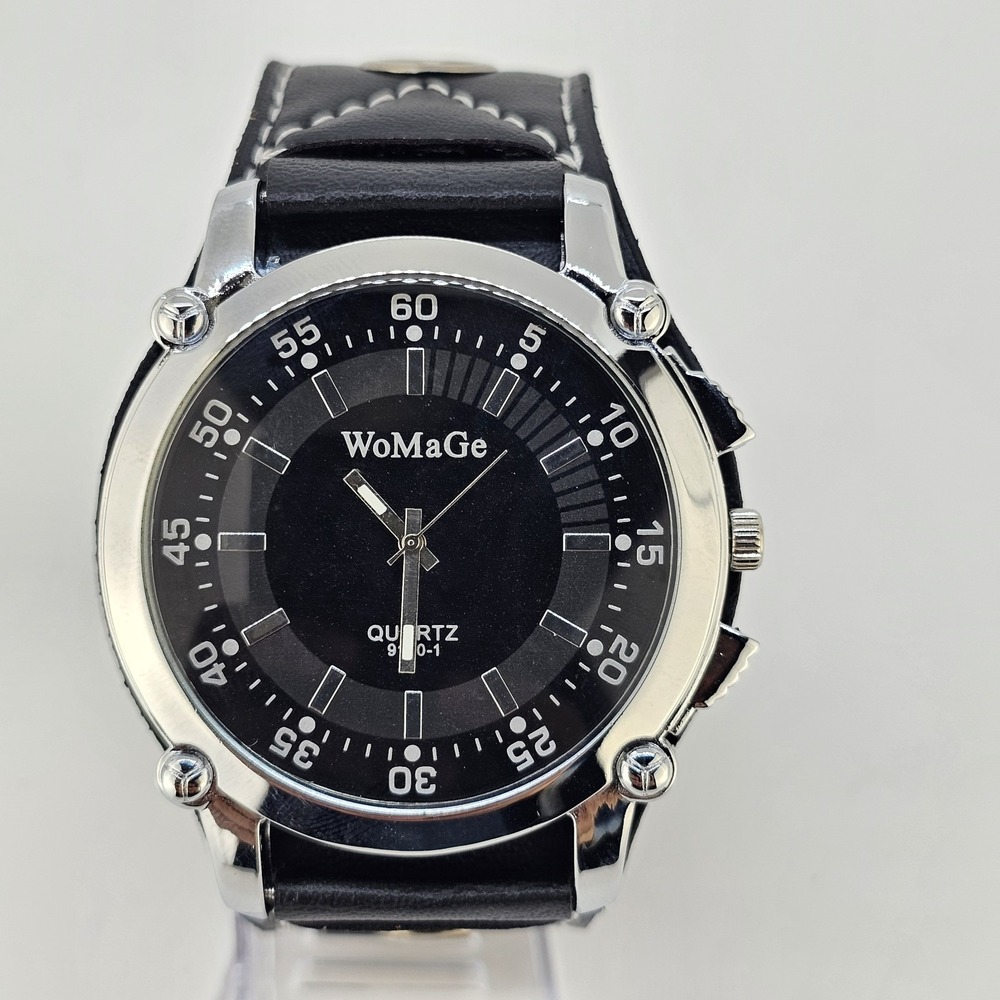 50MM Men's Analog‎ Watch Black Dial Black Faux Wide Leather Bands New Battery